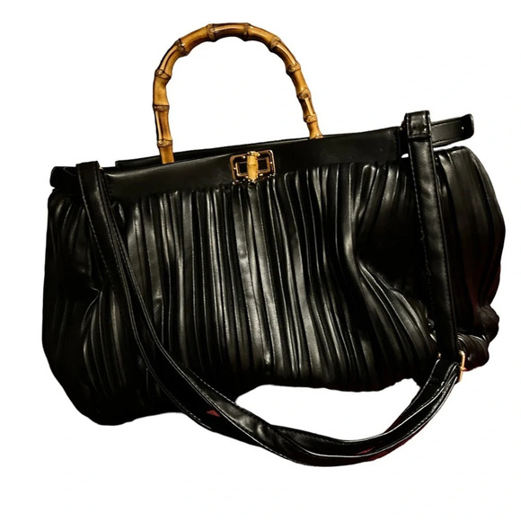 Sondra Roberts Luxury Bamboo  handle pleated vegan leather Large tote bag - Picture 1 of 17